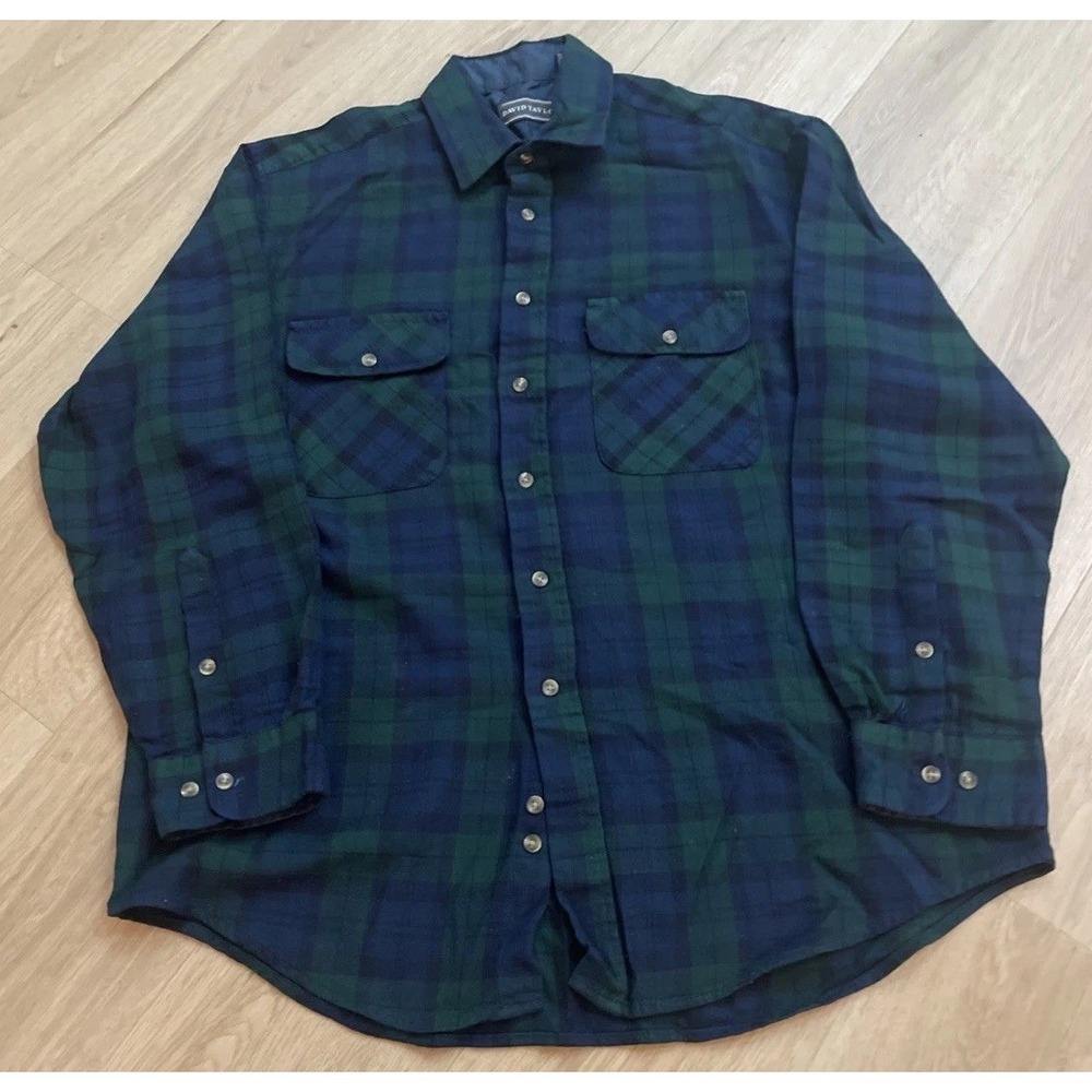 David Taylor Shirt Men's L Green Blue/Green Check Flannel Button Up Long Sleeve